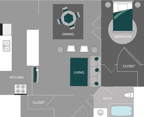 a floor plan of a studio apartment with a bedroom and a living room